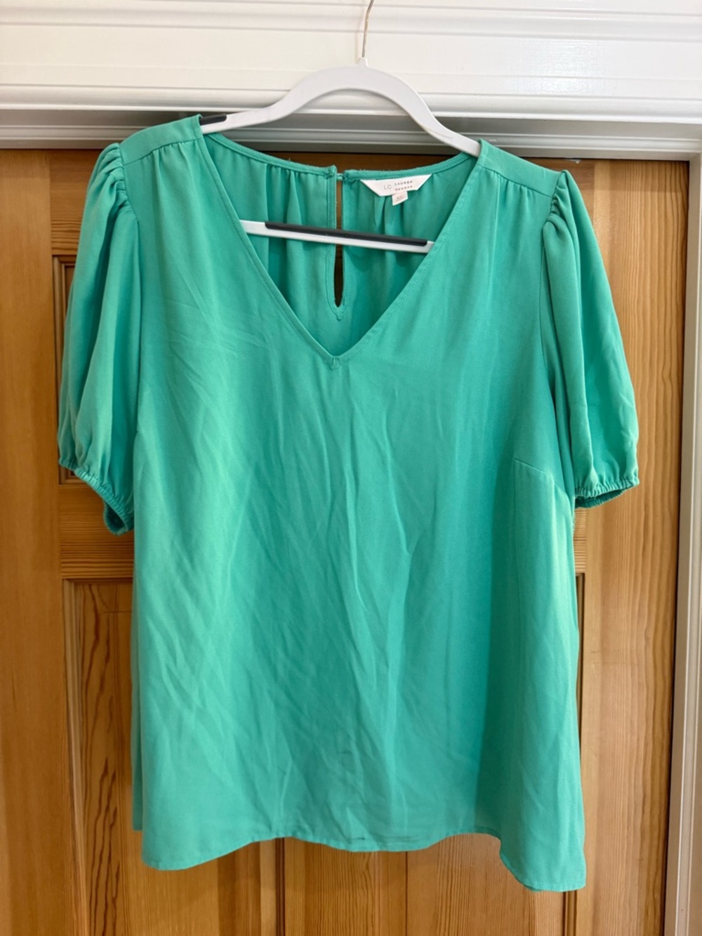 LC Lauren Conrad Green V-Neck Puff Sleeve Blouse